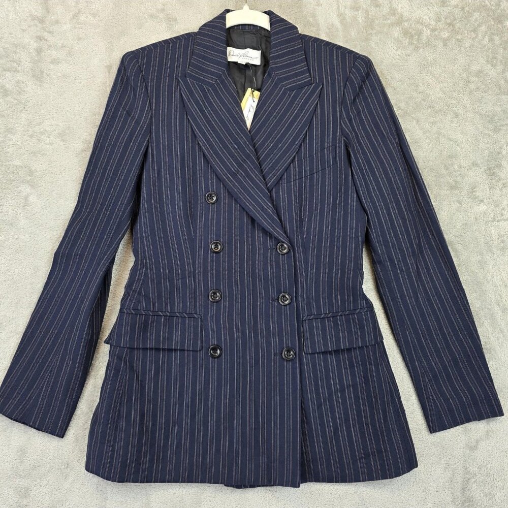VTG Daniel Rebecca Blazer Womens 4 Navy Pinstripe Double Breasted Made USA Rayon
